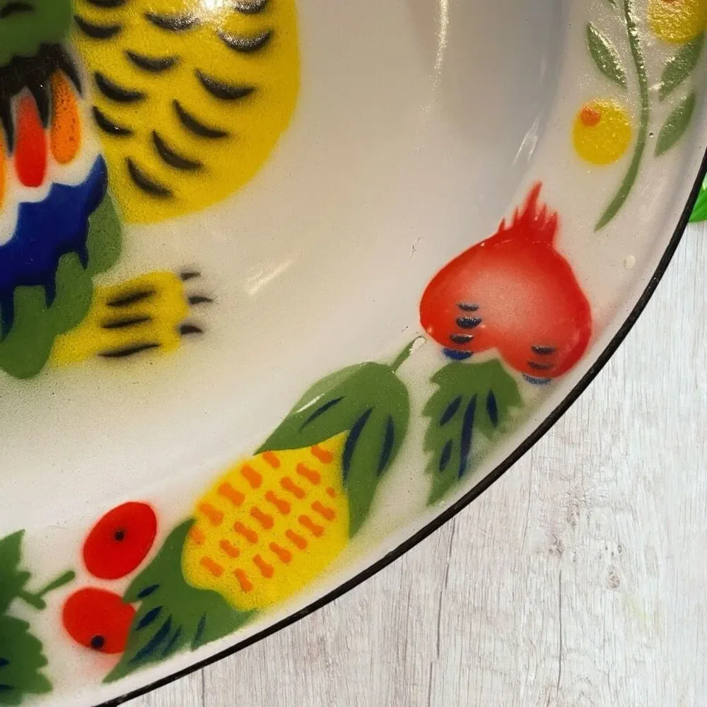 Vintage Large Enamelware Turkey Oval Platter Hand Painted Thanksgiving Decor 17.